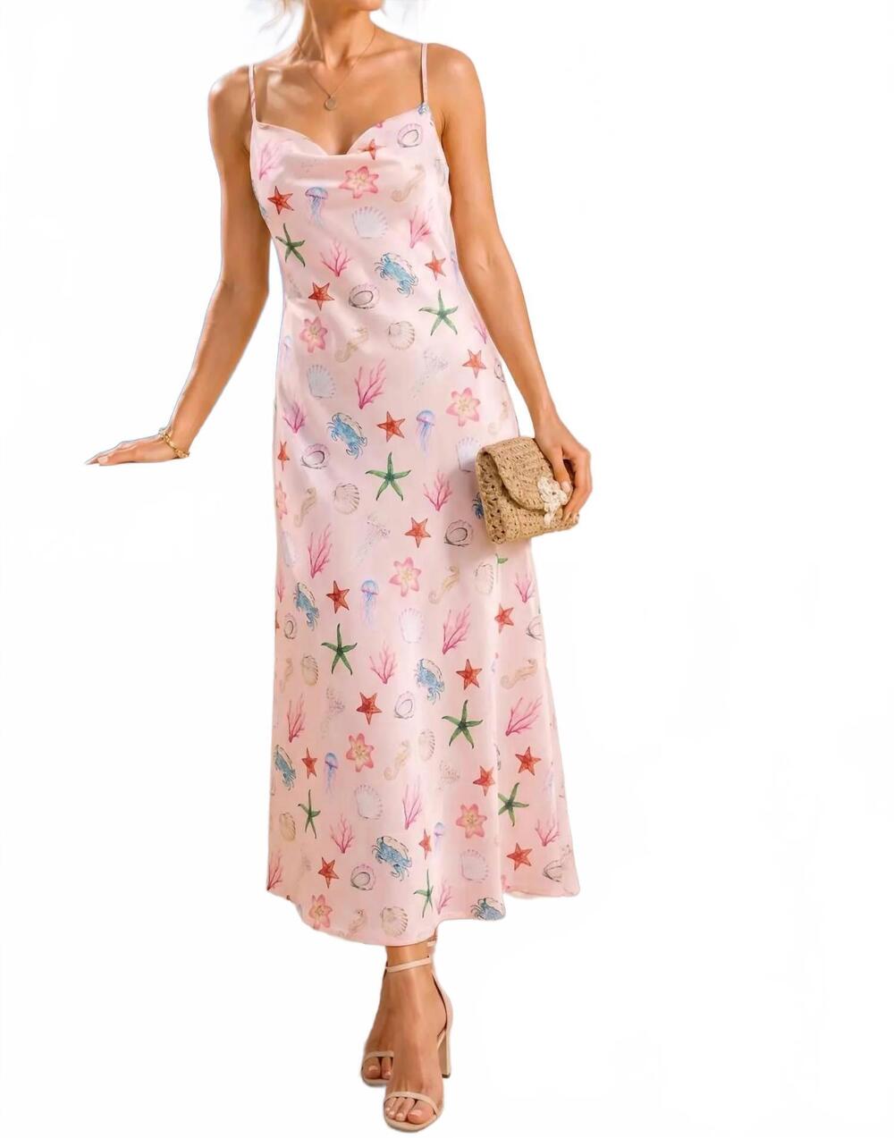 NEW MAIN STRIP seashell coastal print slip midi dress in pink